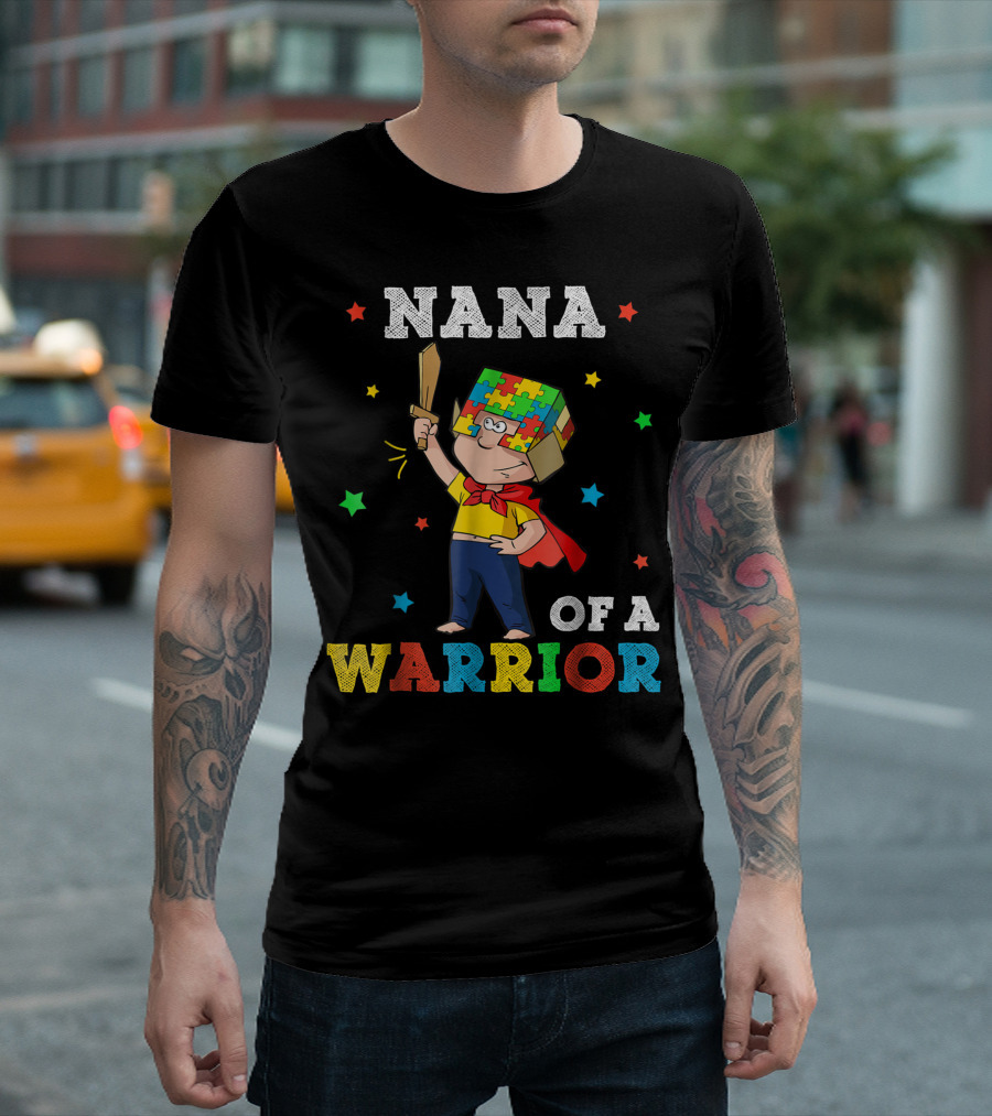 Nana Of A Warrior Autism Awareness Autism Grandma Puzzle Hero Cape T-Shirt