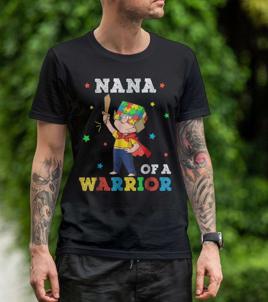 Nana Of A Warrior Autism Awareness Autism Grandma Puzzle Hero Cape T-Shirt
