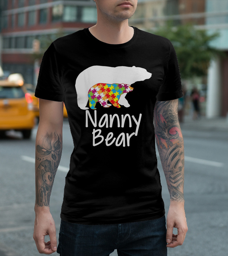 Nanny Bear Autism Awareness Rainbow Puzzle Ribbon Day T-Shirt