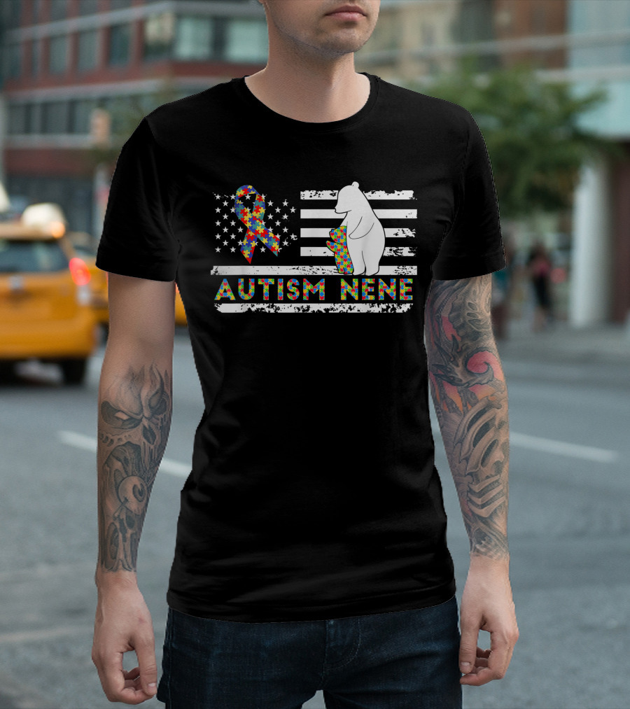 Autism Nene American Flag Puzzle Ribbon Bear Support T-Shirt