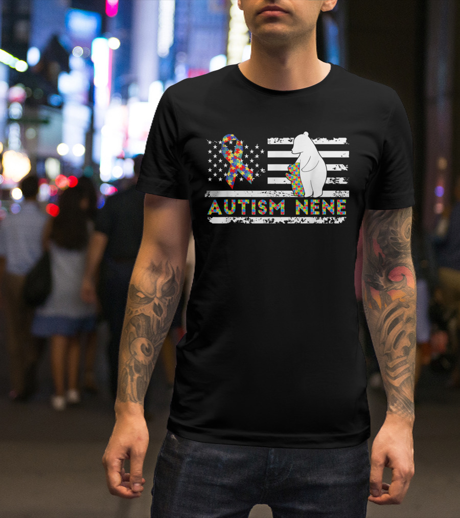 Autism Nene American Flag Puzzle Ribbon Bear Support T-Shirt