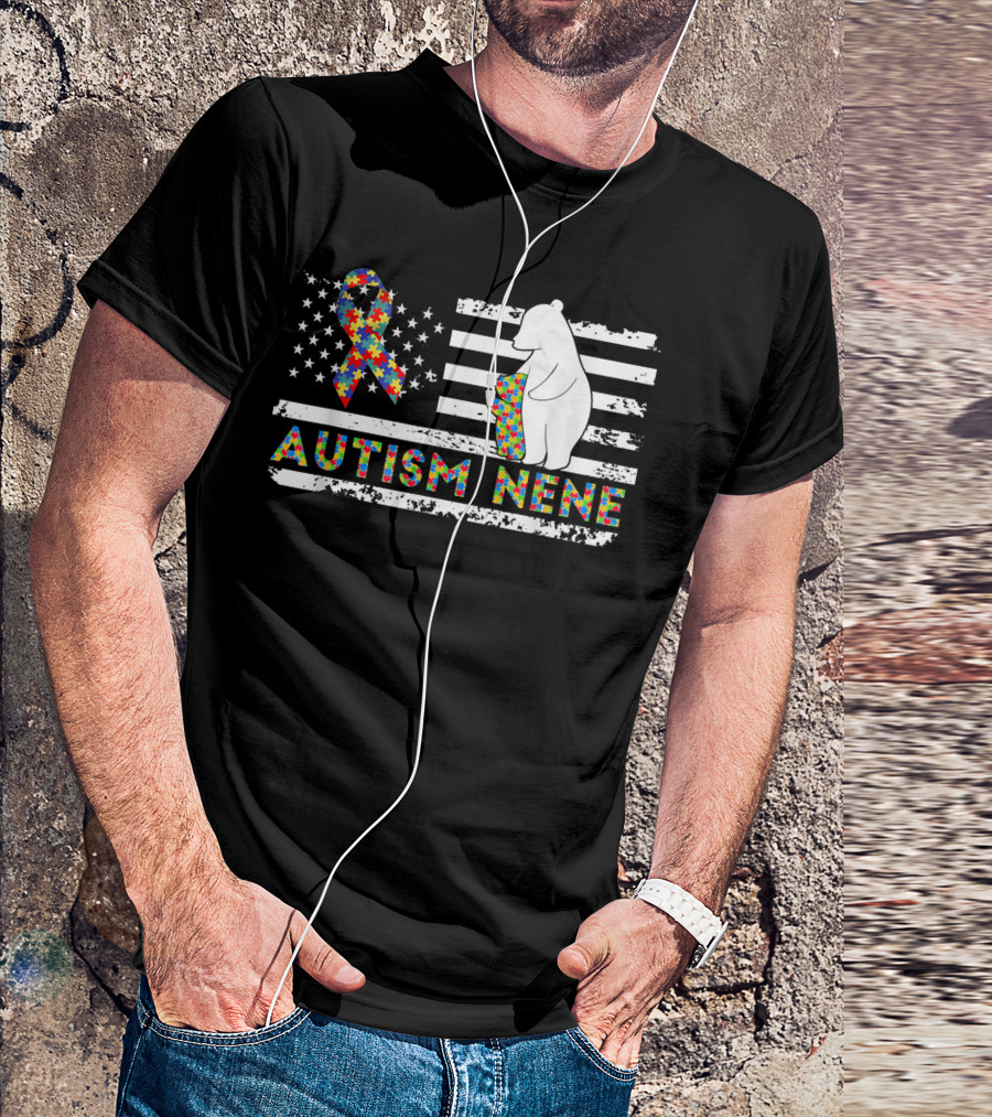 Autism Nene American Flag Puzzle Ribbon Bear Support T-Shirt