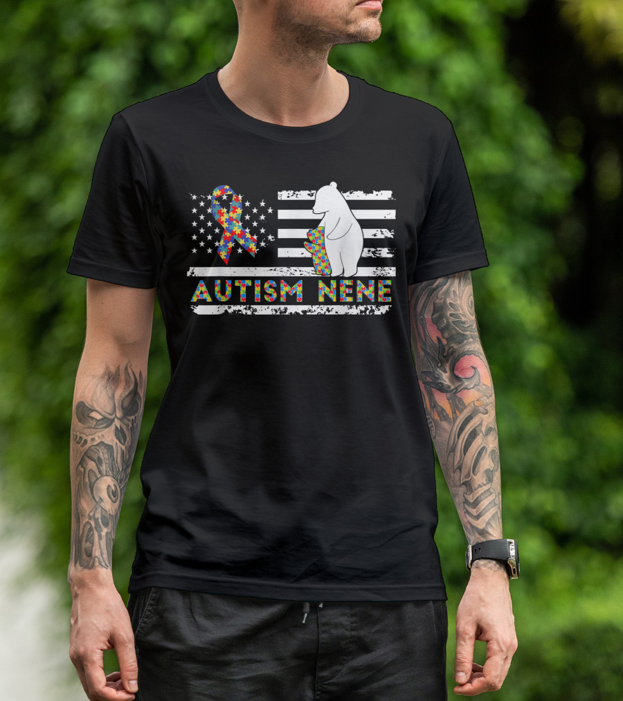 Autism Nene American Flag Puzzle Ribbon Bear Support T-Shirt