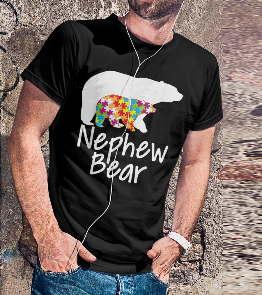 Nephew Bear Autism Awareness Rainbow Puzzle Ribbon Day T-Shirt