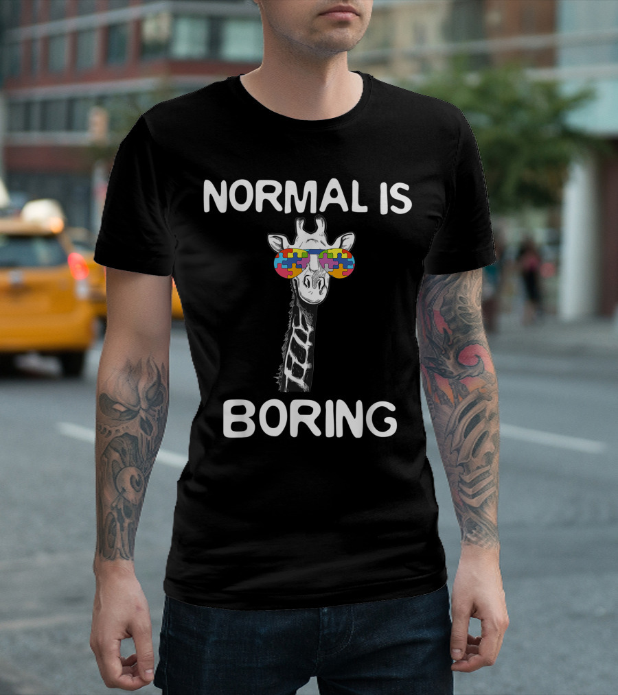 Normal Is Boring Autism Awareness Giraffe with Puzzle Piece Sunglasses T-Shirt