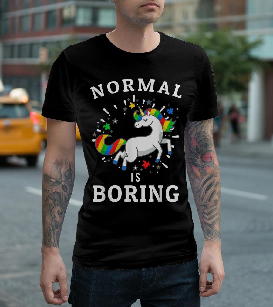 Normal Is Boring Unicorn Autism Awareness Autistic Support Puzzle Pieces T-Shirt