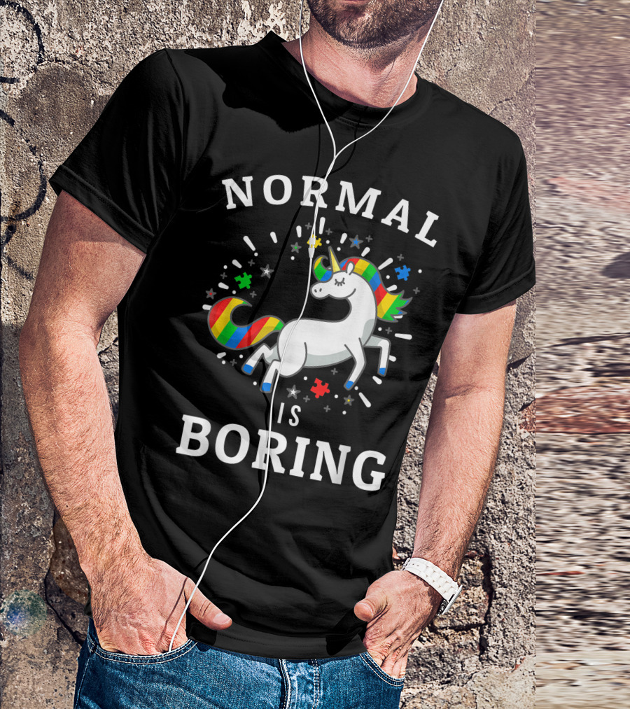 Normal Is Boring Unicorn Autism Awareness Autistic Support Puzzle Pieces T-Shirt