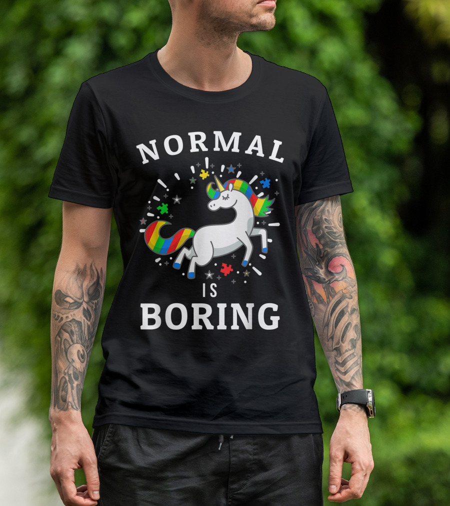 Normal Is Boring Unicorn Autism Awareness Autistic Support Puzzle Pieces T-Shirt