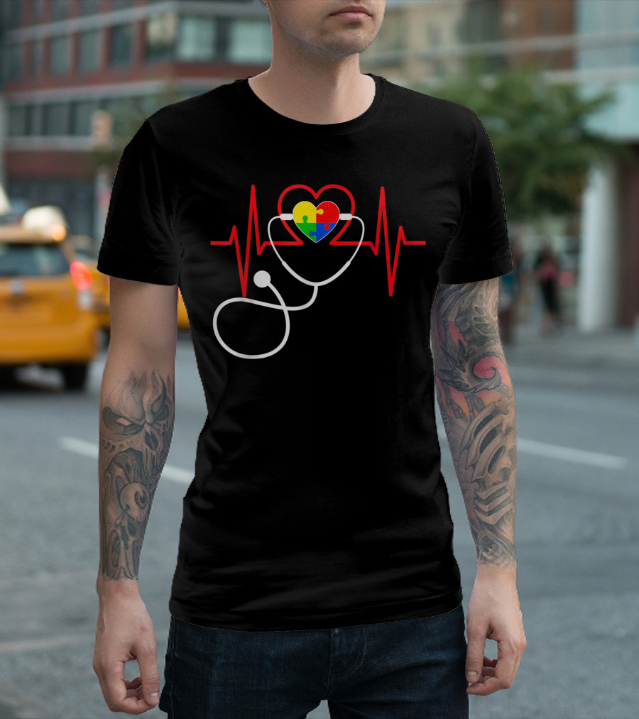 Heartbeat Stethoscope Heart Puzzle Autism Awareness Nurse T-Shirt