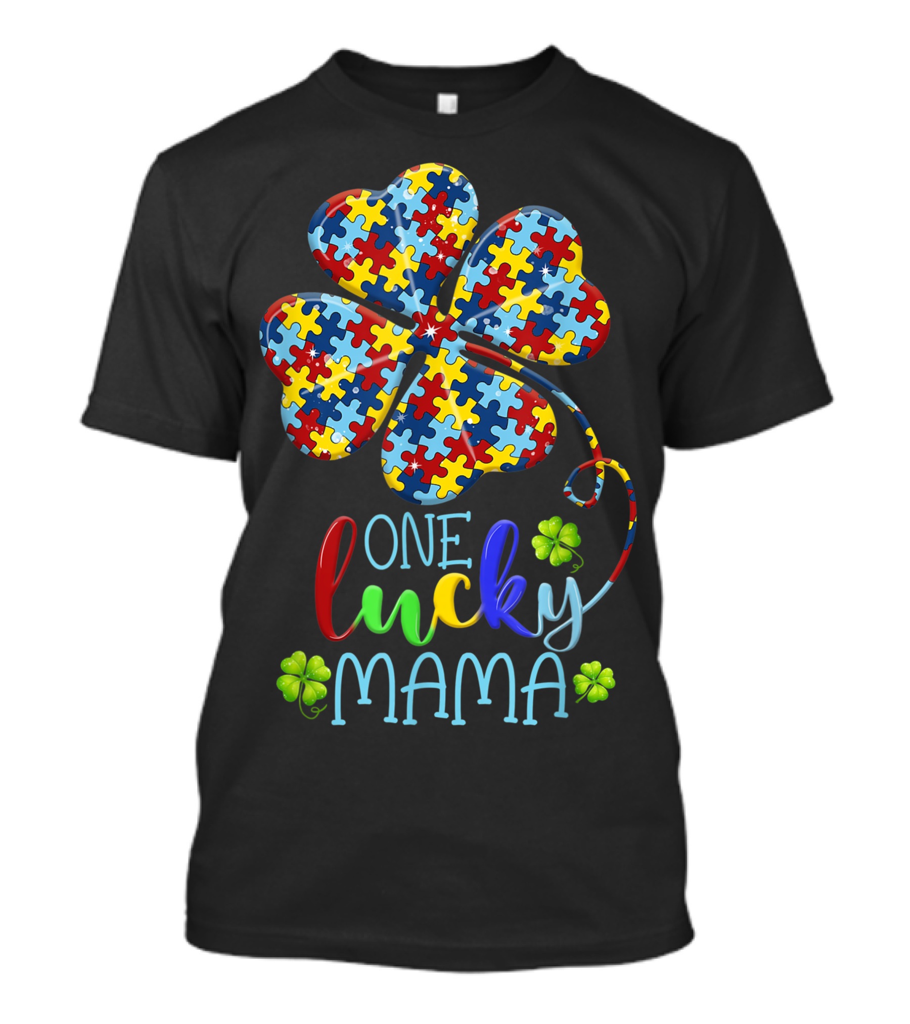One Lucky Mama Autism Puzzle Piece Shamrock T-Shirt