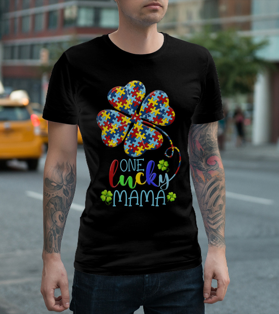 One Lucky Mama Autism Puzzle Piece Shamrock T-Shirt