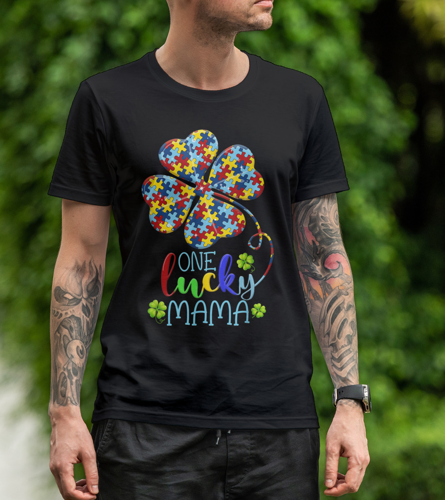 One Lucky Mama Autism Puzzle Piece Shamrock T-Shirt