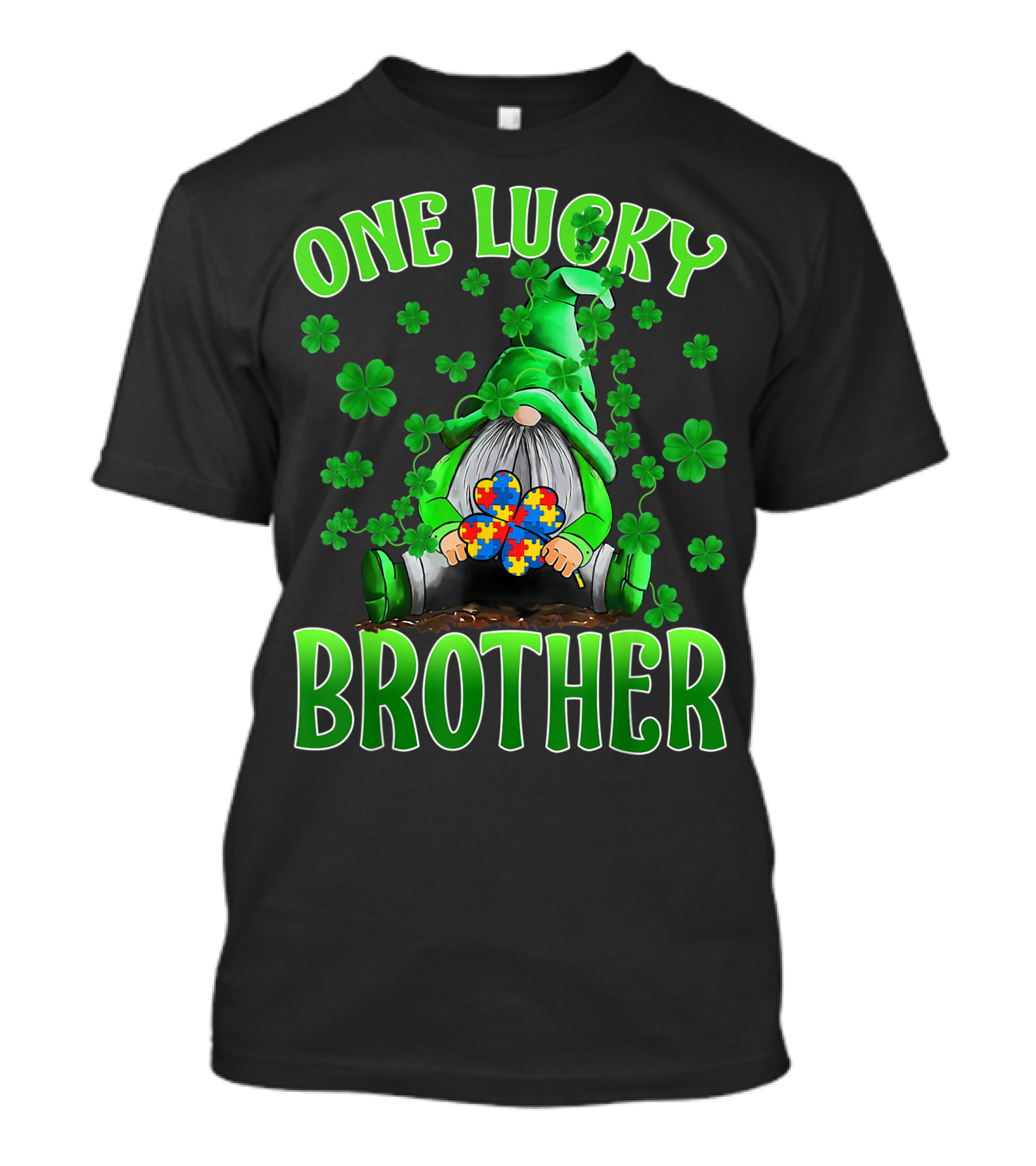 One Lucky Brother Gnome Autism Puzzle Shamrock T-Shirt