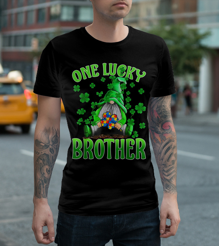 One Lucky Brother Gnome Autism Puzzle Shamrock T-Shirt