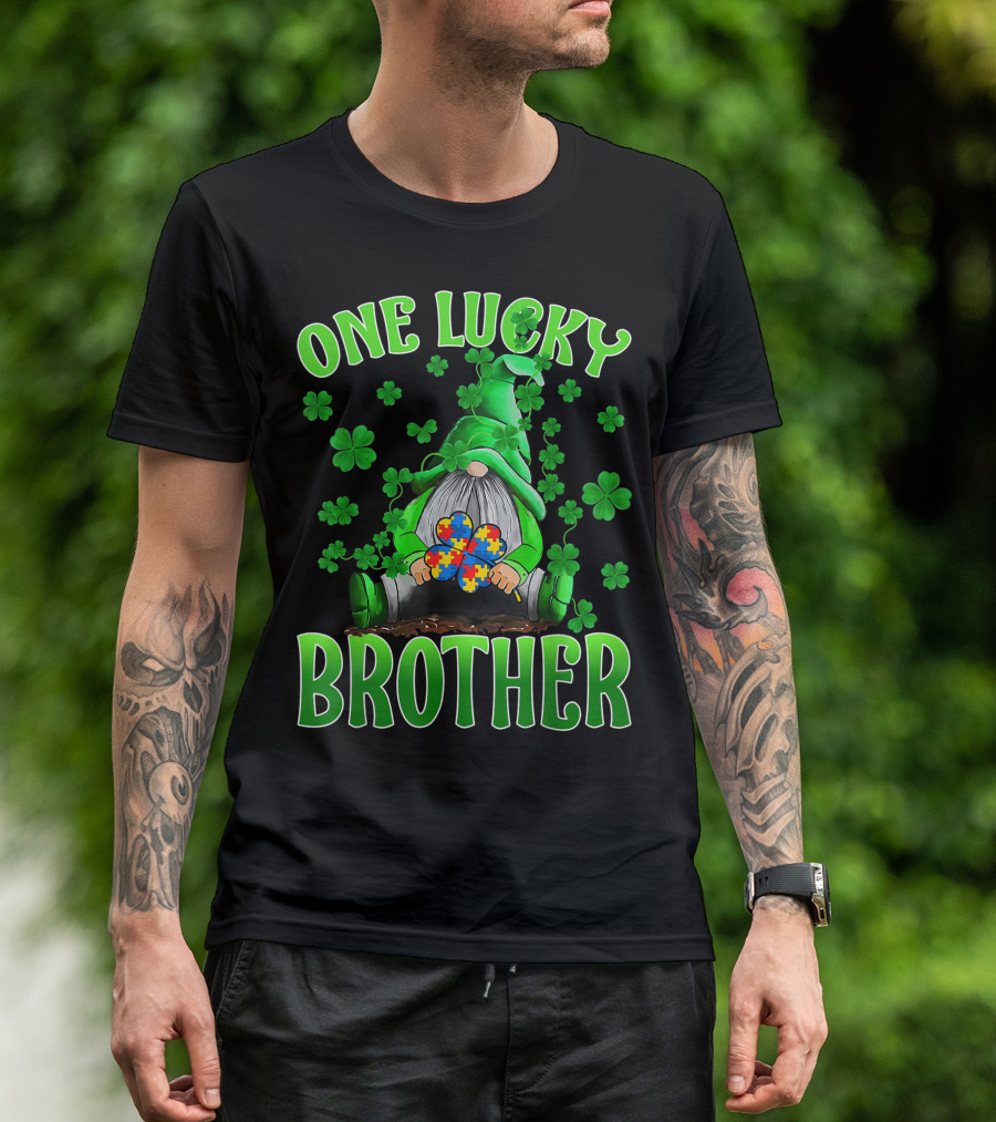 One Lucky Brother Gnome Autism Puzzle Shamrock T-Shirt