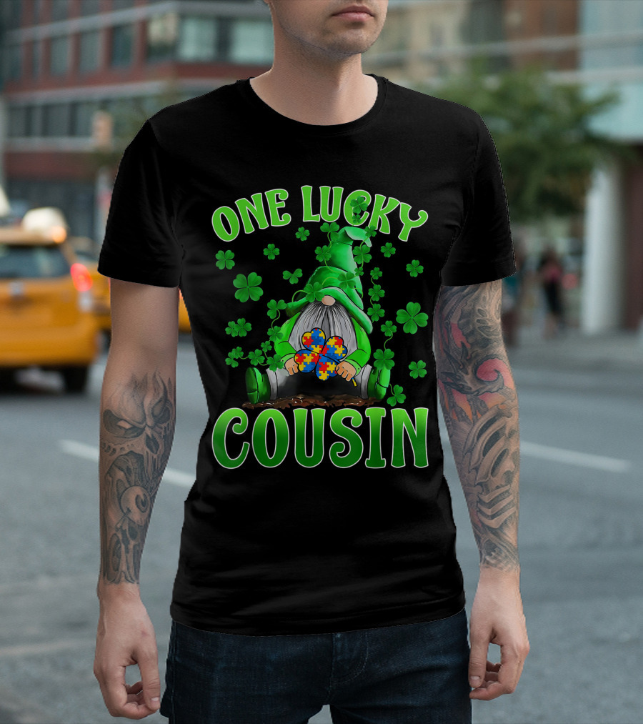 One Lucky Cousin Gnome Autism Awareness Puzzle Shamrocks T-Shirt