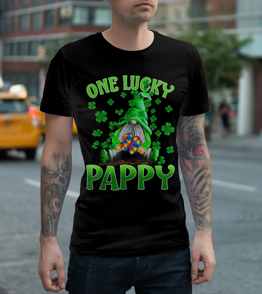 One Lucky Pappy Gnomes Autism Puzzle Shamrock T-Shirt