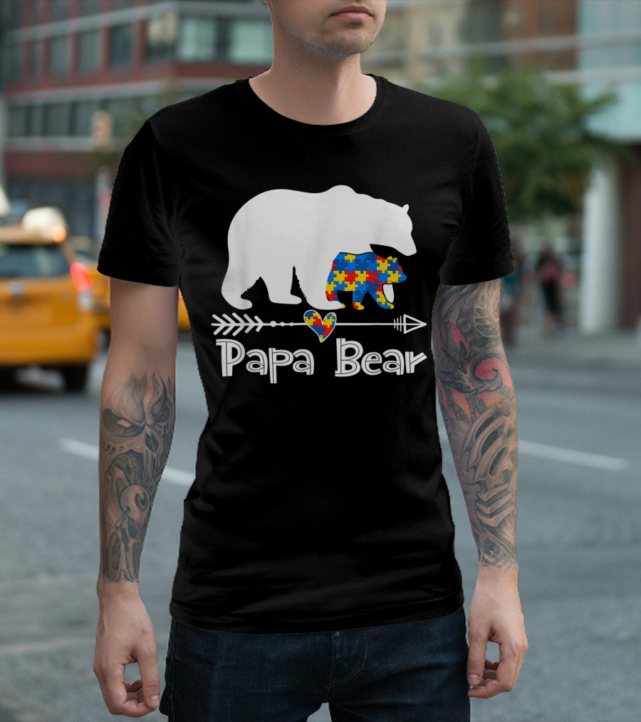 Papa Bear Autism Awareness Puzzle Piece Heart Support Autistic Dad T-Shirt