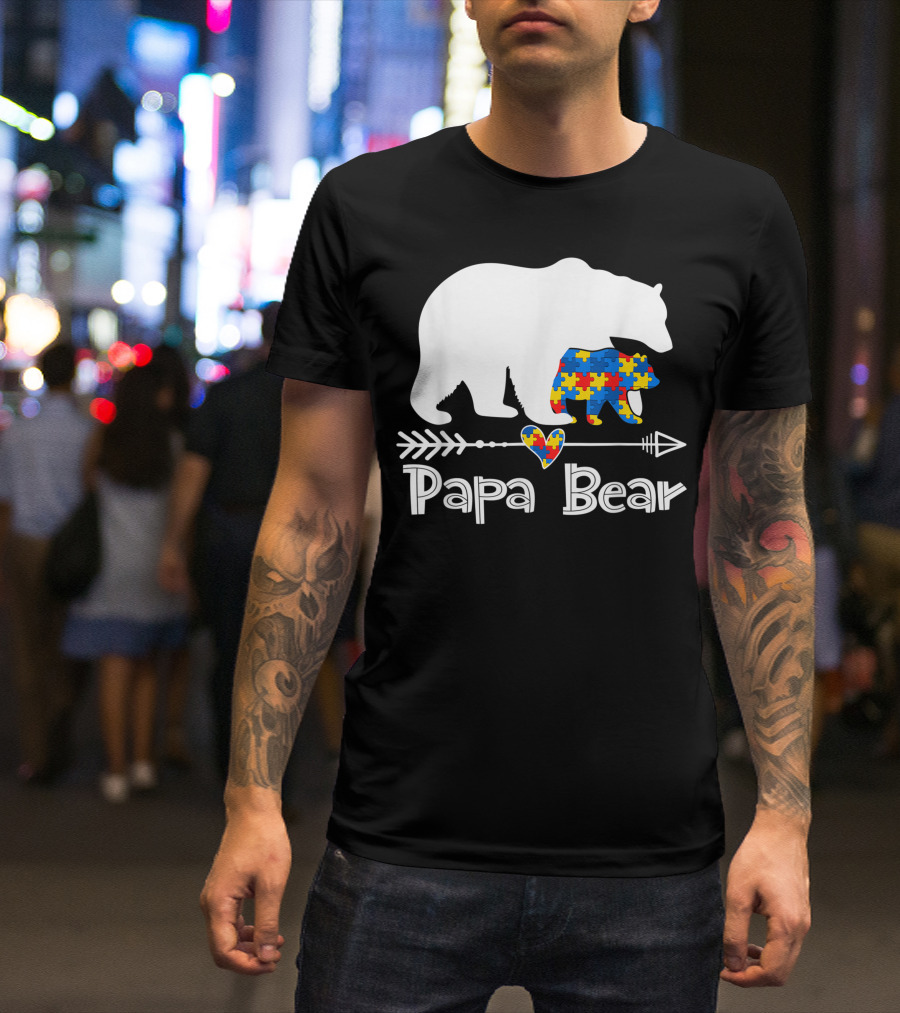 Papa Bear Autism Awareness Puzzle Piece Heart Support Autistic Dad T-Shirt