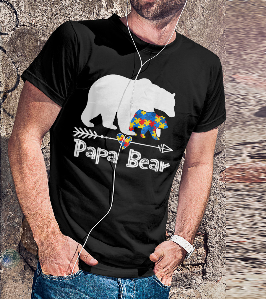 Papa Bear Autism Awareness Puzzle Piece Heart Support Autistic Dad T-Shirt