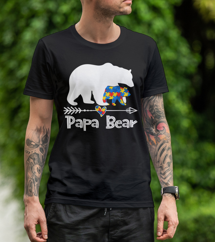 Papa Bear Autism Awareness Puzzle Piece Heart Support Autistic Dad T-Shirt