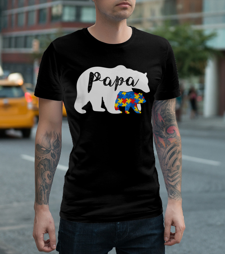 Papa Bear Autism Awareness Support Autistic Puzzle T-Shirt