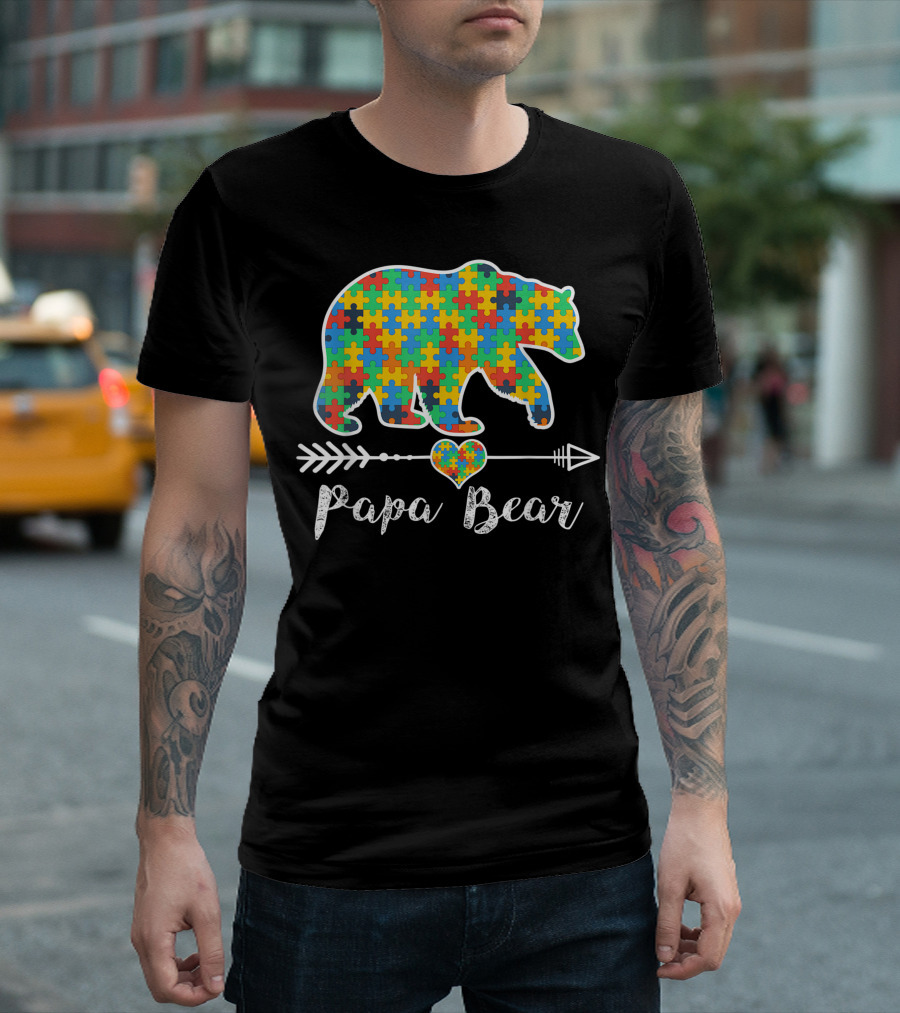 Papa Bear Autism Awareness Puzzle Piece Heart Arrow T-Shirt