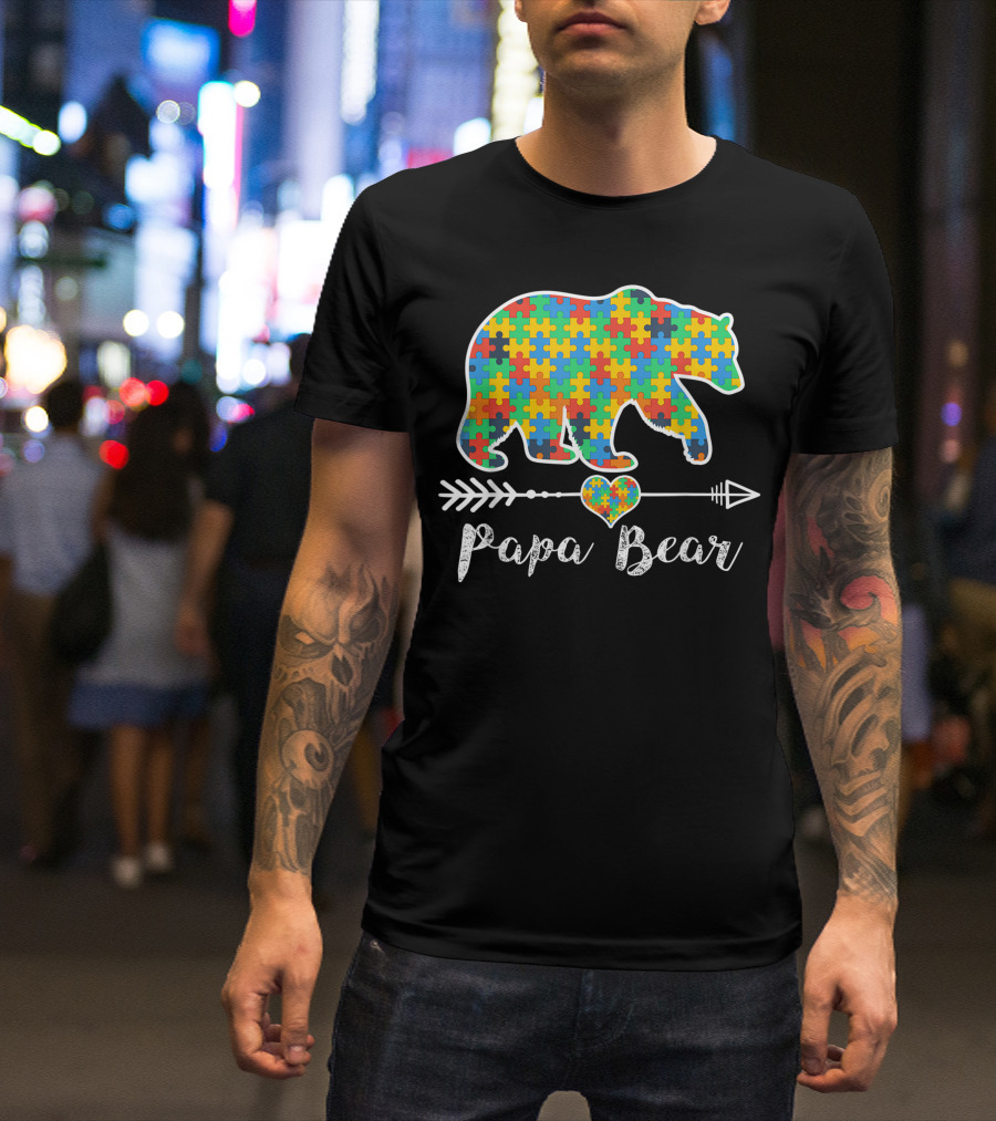 Papa Bear Autism Awareness Puzzle Piece Heart Arrow T-Shirt