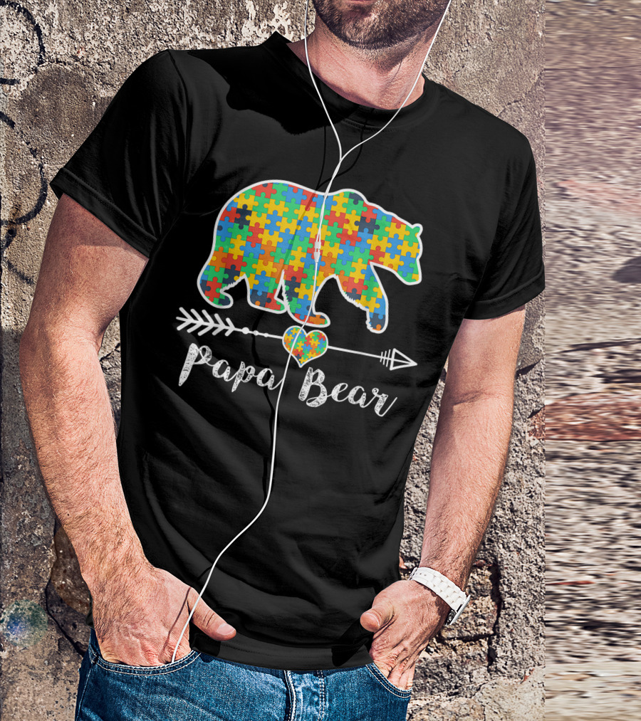 Papa Bear Autism Awareness Puzzle Piece Heart Arrow T-Shirt