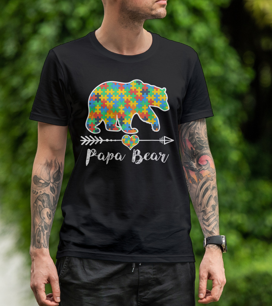 Papa Bear Autism Awareness Puzzle Piece Heart Arrow T-Shirt