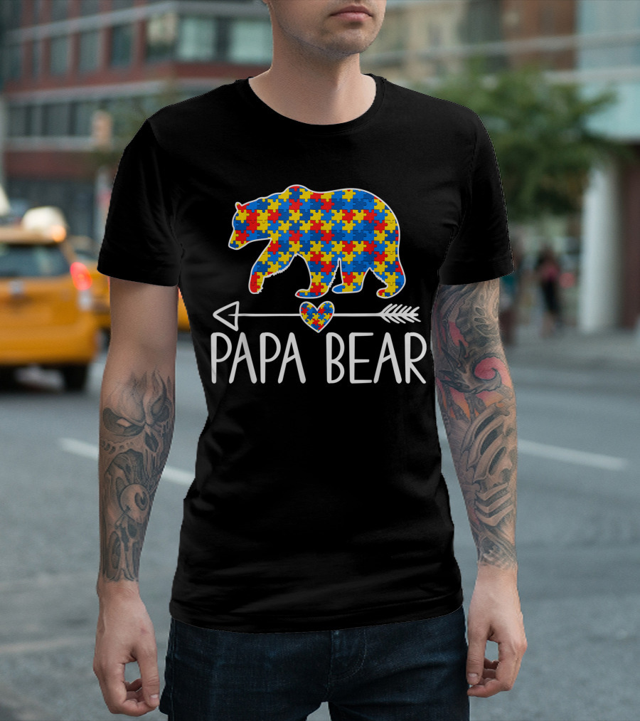 Papa Bear Autism Puzzle Heart Arrow Awareness T-Shirt