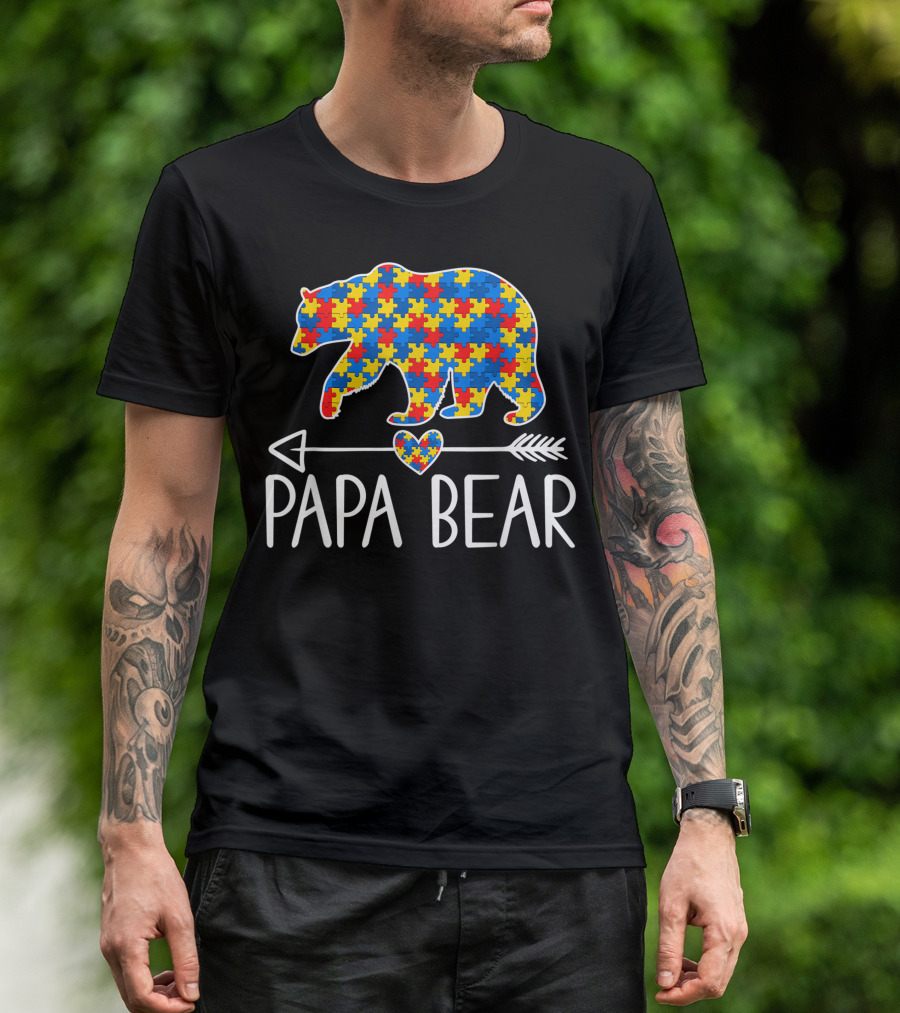 Papa Bear Autism Puzzle Heart Arrow Awareness T-Shirt