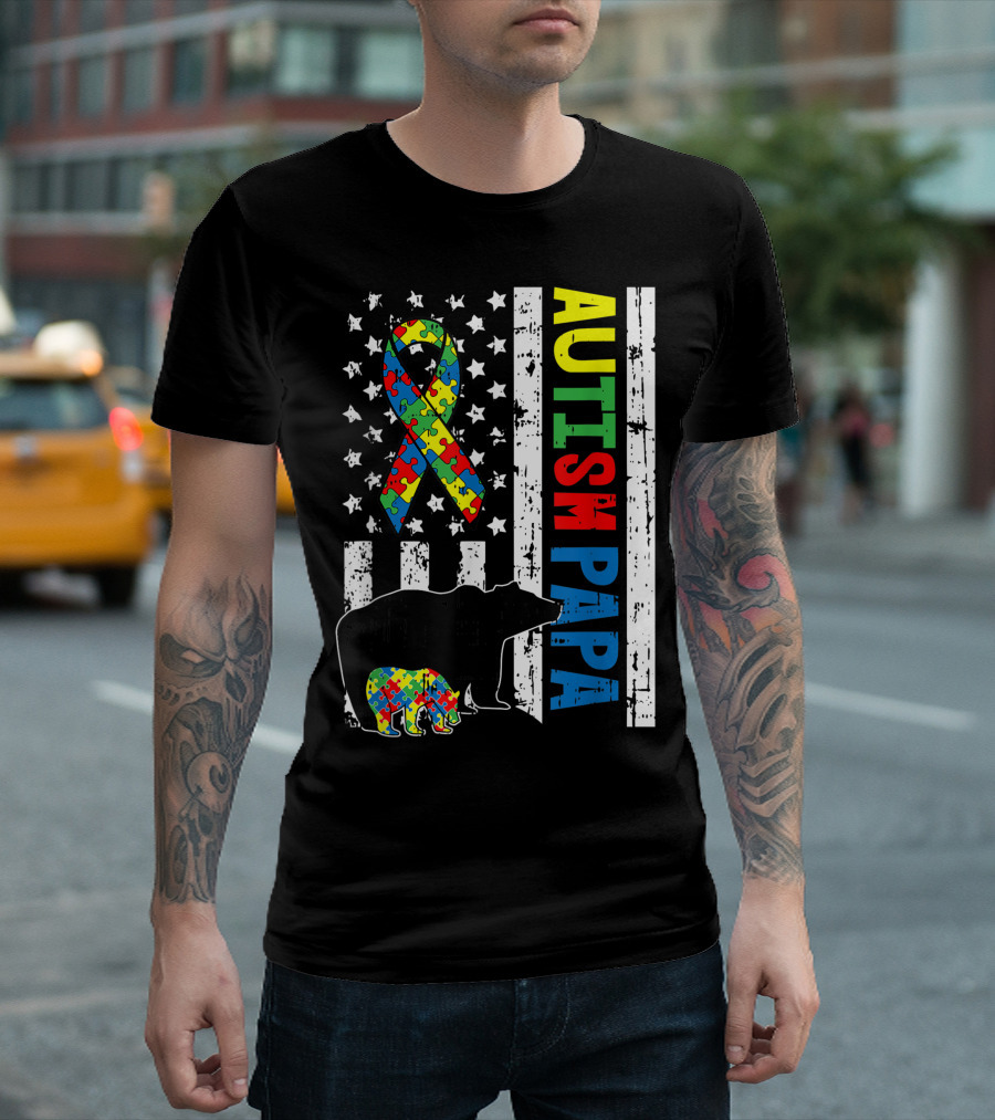 Autism Papa Bear Awareness US Flag Puzzle Ribbon Family Matching T-Shirt
