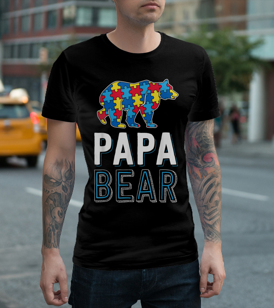 Papa Bear World Autism Awareness Day Family Puzzle Piece Iconic Symbol Bear Puzzle T-Shirt