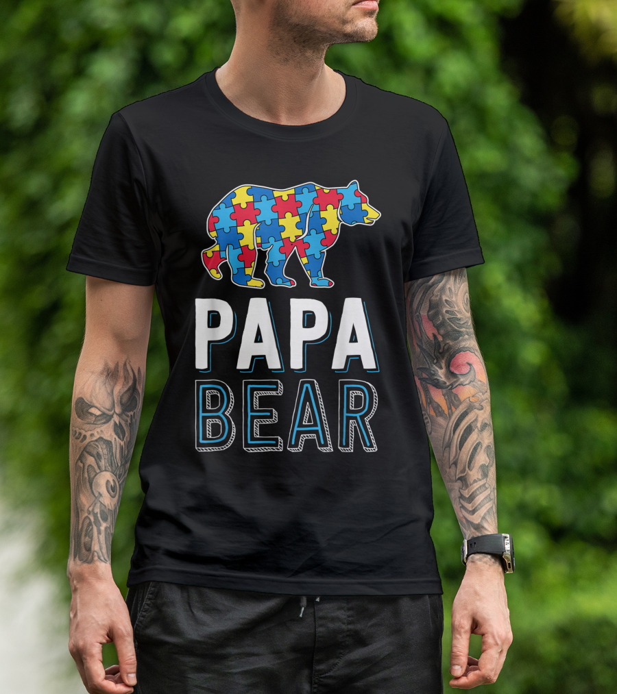 Papa Bear World Autism Awareness Day Family Puzzle Piece Iconic Symbol Bear Puzzle T-Shirt