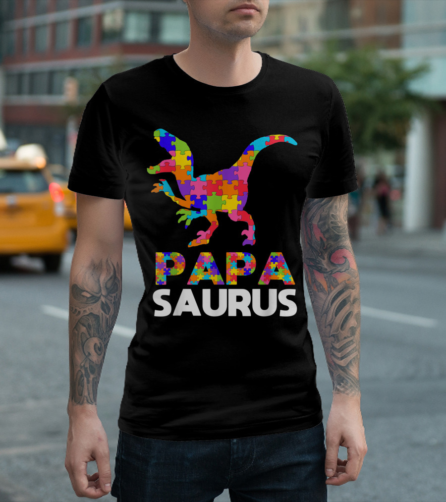 Papa Saurus Autism Awareness Puzzle Dinosaur T-Shirt