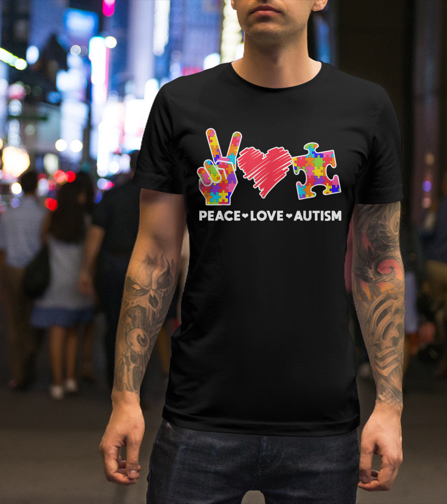 Peace Love Autism Awareness Autistic Moms Puzzle Heart T-Shirt