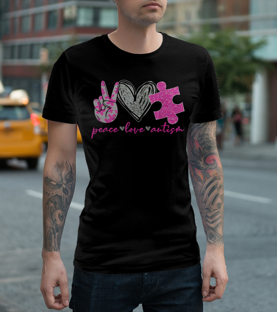 Peace Love Autism Puzzle Heart Awareness T-Shirt