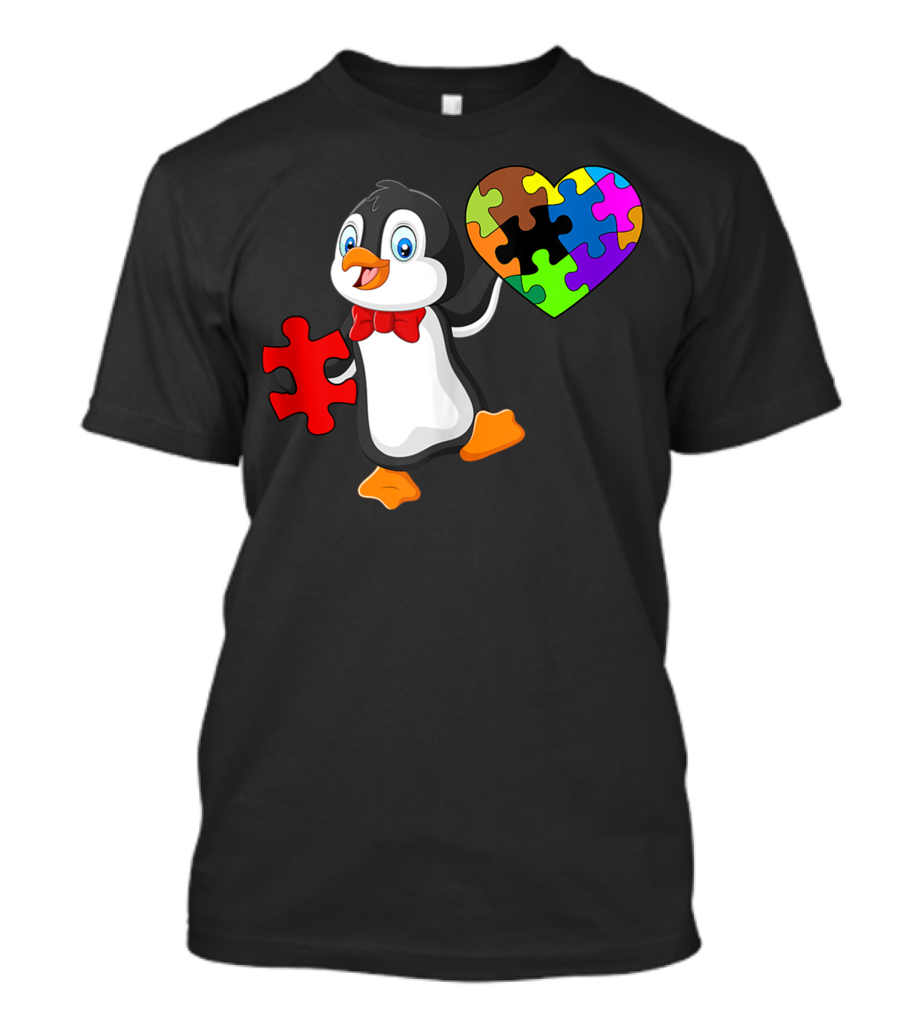 Penguin Holding Colorful Puzzle Heart Autism Awareness T-Shirt