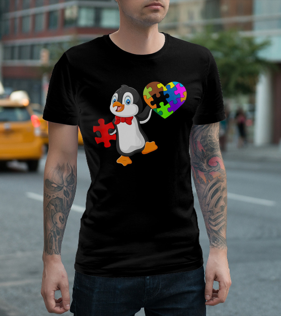 Penguin Holding Colorful Puzzle Heart Autism Awareness T-Shirt