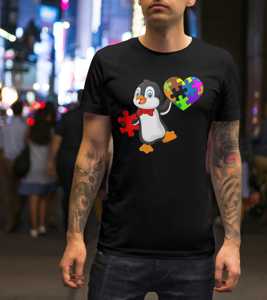 Penguin Holding Colorful Puzzle Heart Autism Awareness T-Shirt