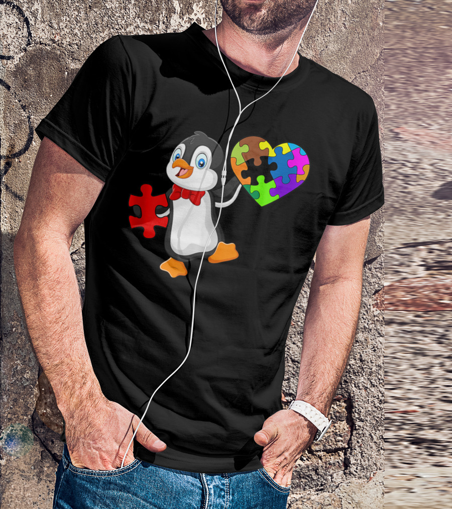 Penguin Holding Colorful Puzzle Heart Autism Awareness T-Shirt