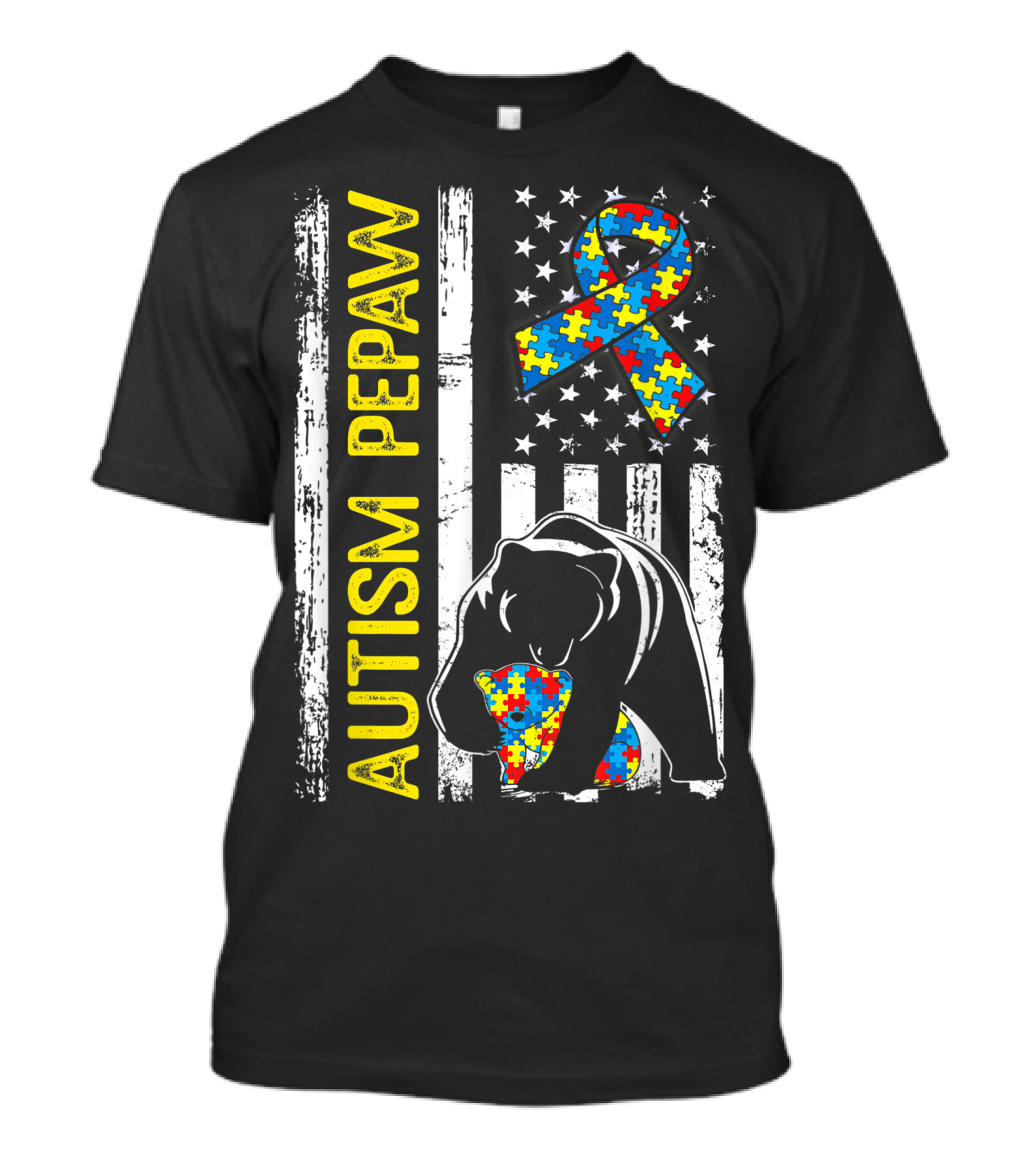 Autism Pepaw Bear Puzzle Ribbon Distressed American Flag T-Shirt