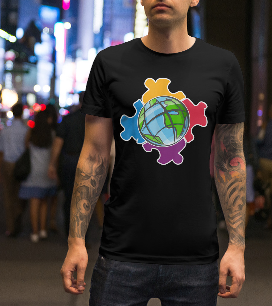 Planet Earth Autism Awareness Colorful Puzzle Piece T-Shirt