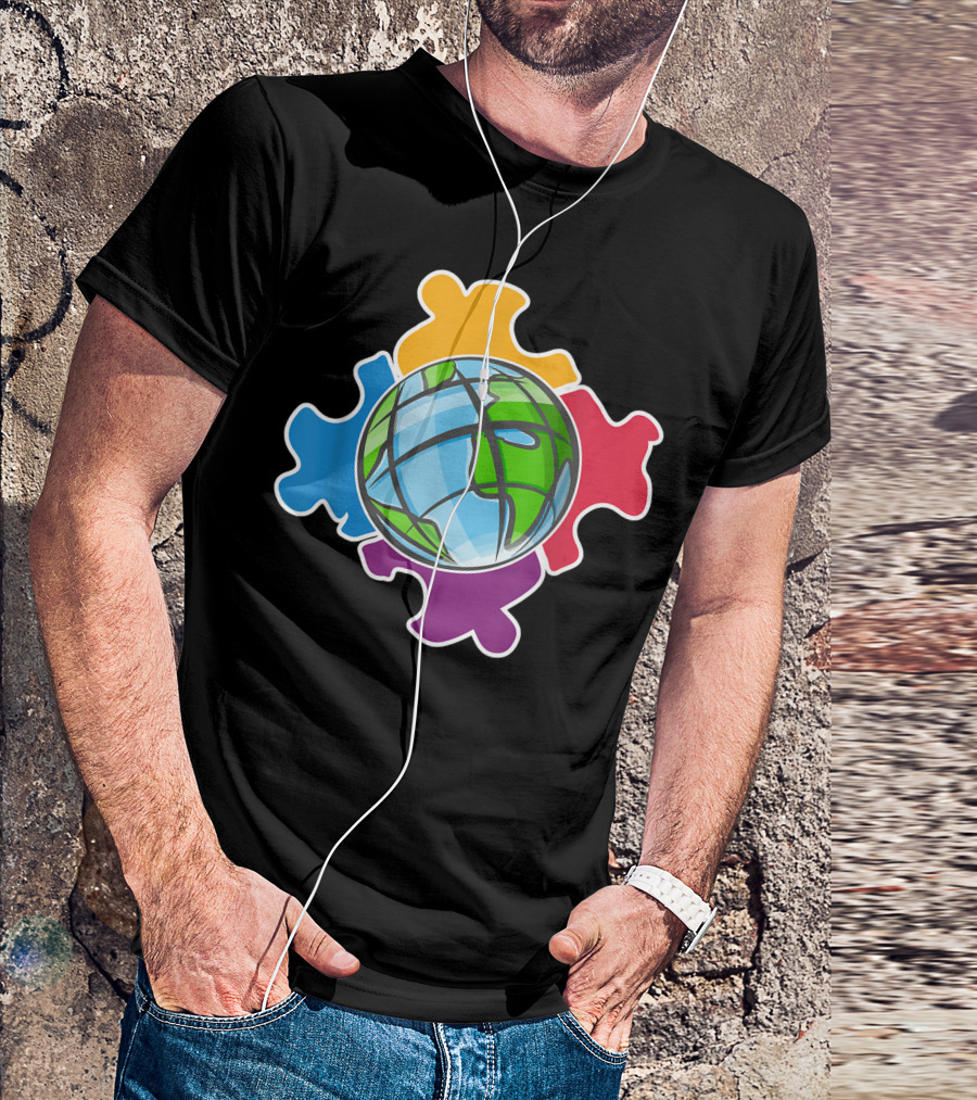 Planet Earth Autism Awareness Colorful Puzzle Piece T-Shirt
