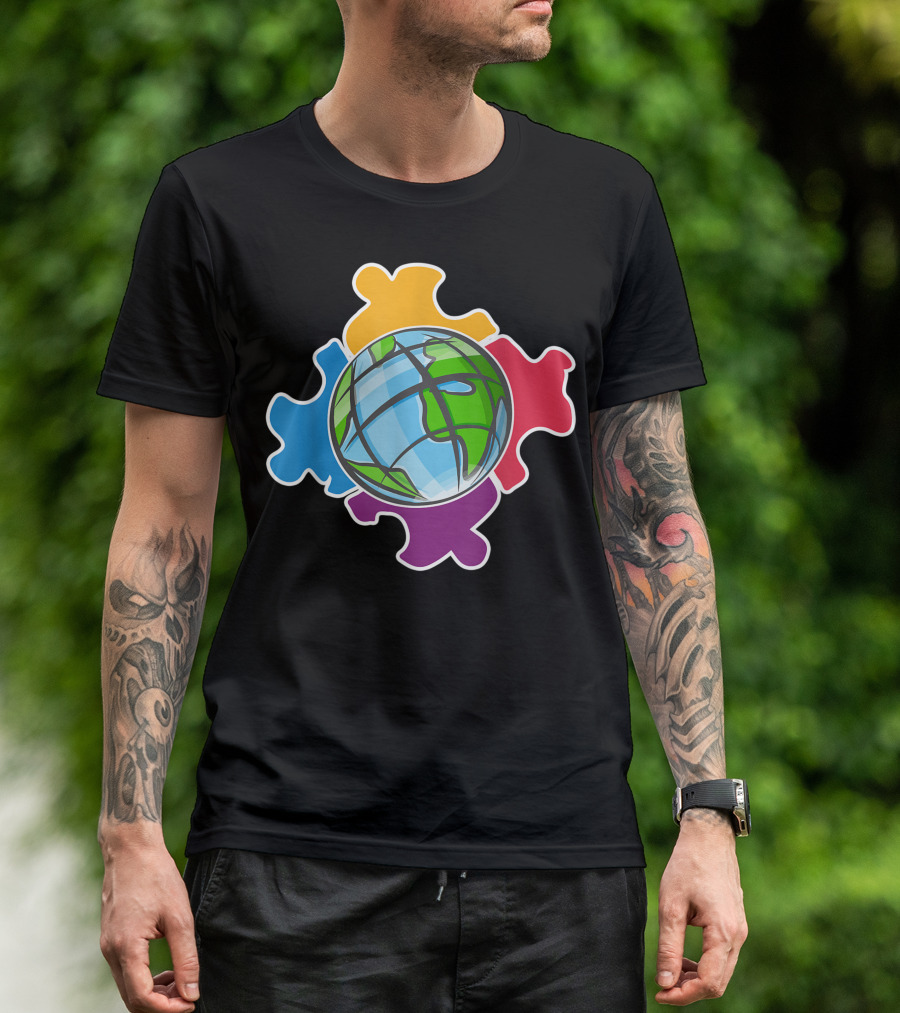 Planet Earth Autism Awareness Colorful Puzzle Piece T-Shirt