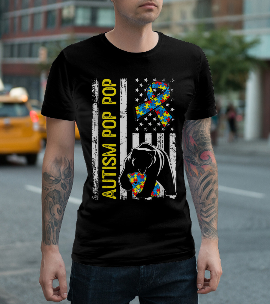 Autism Pop Pop Bear Puzzle Ribbon Distressed American Flag T-Shirt