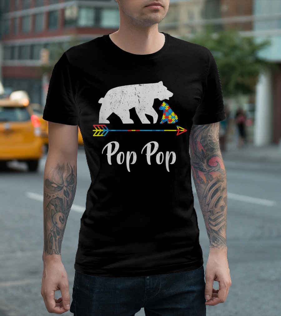 Pop Pop Proud Bear Autism Awareness Puzzle Arrow T-Shirt