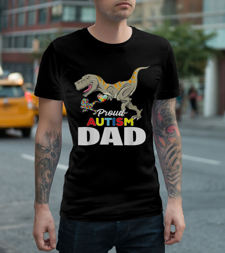 Proud Autism Dad T-Rex and Puzzle Piece Autism Child T-Shirt