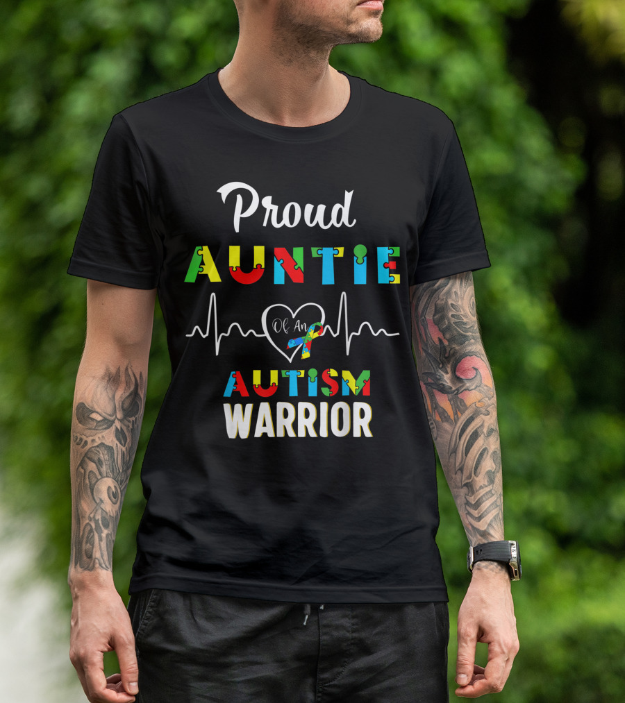 Proud Autism Auntie Autism Warrior Puzzle Heart Awareness T-Shirt